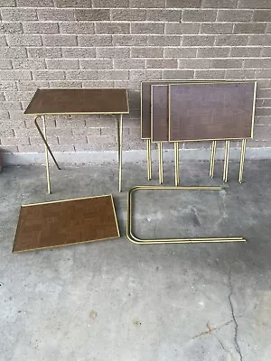 Vintage Vtg MCM Mid Century Modern Set Of 5 Faux Wood Metal TV Tray Tables • $149