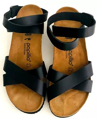 Papillio LOLA Black Ankle Strap Wedged Sandals Women’s Size 40 • $65.99