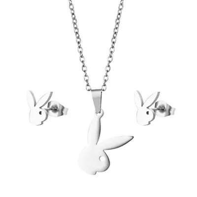 £5.99 • Buy Playboy Necklace & Earrings Set Ear Studs Silver Bunny Rabbit Pendant Chain Logo