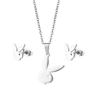 £5.99 • Buy Playboy Necklace & Earrings Set Ear Studs Silver Bunny Rabbit Pendant Chain Logo