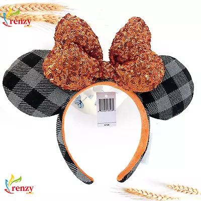 Minnie Mouse Ears Orange Bow Sequin Halloween Plaid Disney Parks Headband • $15.35