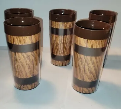 5 Vintage THERMO-SERV INSULATED TUMBLERS Retro Wood Grain Barrel Brown 70s 80s • $19