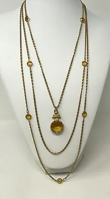 $75 • Buy GOLDETTE Triple Strand Citrine Glass Fob Necklace Unsigned Vintage Jewelry