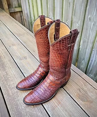 Vintage Justin Exotic Full Alligator Cowboy Boots Brown Size 8 Made In USA RARE! • $599.95