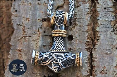 Viking Thor Hammer Mjolnir Two Tone Urnes Style Pendant Necklace Norse Gift • $24.80