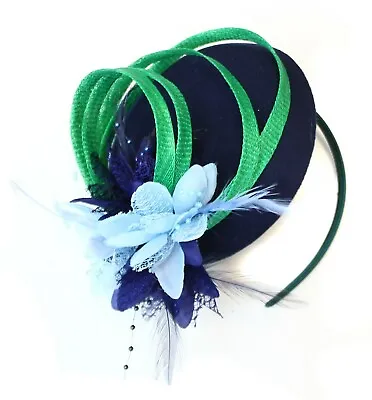 £34.99 • Buy Emerald Jade Green Blue And Navy Fascinator Headband Wedding Hat Pillbox Ascot