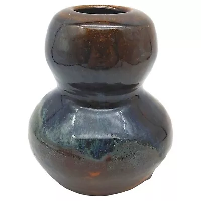 Handmade Signed Pottery Vase - 5  Small Dark Blue Brown Drip Glaze Hourglass • $18.72