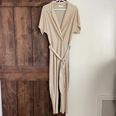 Mango Thalia Short Sleeve Jumpsuit Womens Size Small Beige Belted MNG Neutral • $28.88