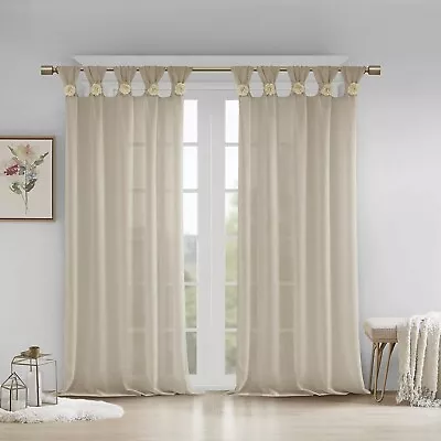 Madison Park Rosette Floral Embellished Cuff Tab 1 Curtain Panel Linen 50  X 95  • $14.99