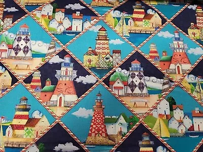 3 Metres Printed 100% Cotton Premium Craft Fabric  Lighthouses • £18.60