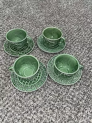 Bordallo Pinheiro Green Floral Cups & Saucers Set Of 4 Portugal • $40