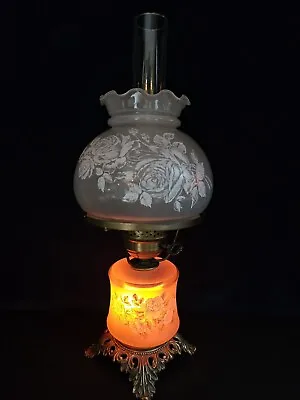 VINTAGE Hurricane Lamp L & L WMC 1973 Smoked Glass White Floral Hand Painted 16  • $45