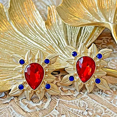 Brand NEW Vintage French Gold Plated Resin/Rhinestone Earring Silver Post Red • $28