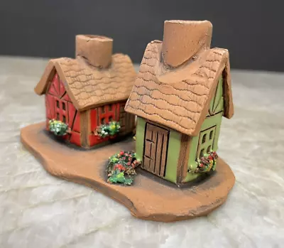 Terra Cotta Houses Pencil Holder Artisan Hand Painted Clay Village Figurine • $10