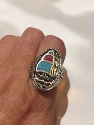 1980's Vintage Southwestern Silver Men's Turquoise Stone Inlay 7.75 Ship Ring • $44