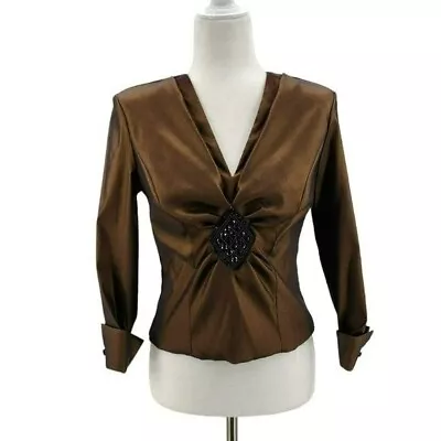 Vintage J.R. Nites By Caliendo Fitted Shiny V-neck Brown Blouse Top Womens 6 • $28.99