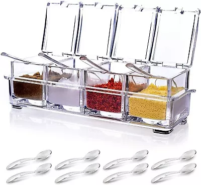 4Piece Acrylic Spice Box Container Jar Storage With Cover & 8 Spoons For Cooking • £13.49