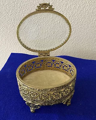 Vintage Filligree And Beveled Glass Jewelry Trinket Treasure Box Oval Shape • $34.85