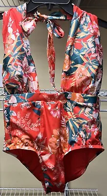 Modcloth Orange Floral Bethany One-Piece Plunge V-Neck Swimsuit Size Small New • $21.24
