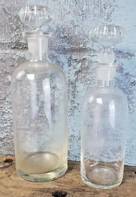 Antique Apothecary Jar Glass Bottle Lot Of-2 With Large Grounded Stopper Lids • $10.95