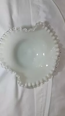 Vtg Fenton White Milk Glass Silver Crest Clear Ruffled Edge Bowl  • $29