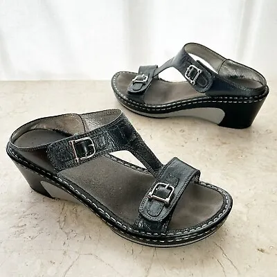 Alegria Shoes 38 US 7 7.5 8 Dark Gray Wedge Sandals Silver Horse Bit Faux Buckle • $24.99