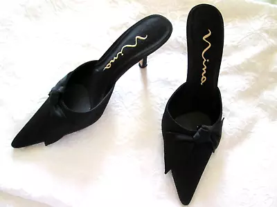 Nina Black Satin Fabric Upper Twisted Knot Bow Pointed Toe Kitten Heels  7m Euc • $18