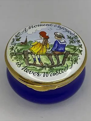 $49 • Buy Crummles Enamel Trinket Pill Box  Moment Enjoyed Is Never Wasted  Blue Excellent