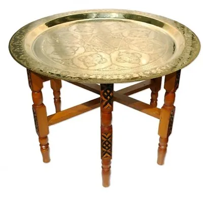 £147.60 • Buy Handmade Moroccan 16  Round Brass Tray Tea Table With Folding Wood Stand