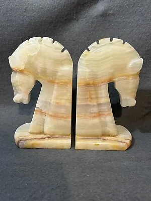 Vintage Horse Head Bookends Marble Stone Carved Collector Heavy Alabaster Trojan • $40.23