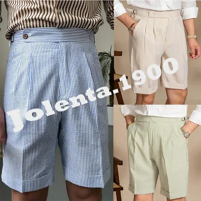 Seersucker Men Pants Adjustable Waist Pleated Front Summer Knee Length Trousers • $39