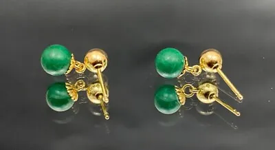 14k Yellow Gold & Green Malachite Bead Beautiful Estate Drop Style Earrings • $149