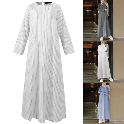 Muslim Women Cotton Long Sleeve Striped Side Pocket Shirt Dress Full Length Maxi • £12.63