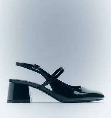 NEW Zara Heels - Faux Patent Leather - Block Heel - Black Sandals - US 8 / 39 • $49.99