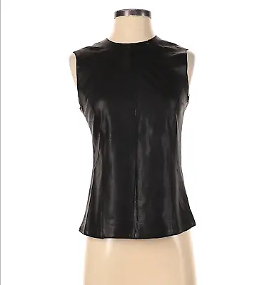 Vince Lamb Leather Top Shirt Womens 4 Black Sleeveless Side Zip Crew Neck Blouse • $103.79