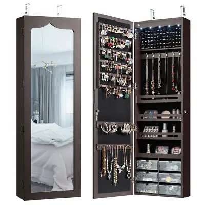Wall Door Mounted LED Mirror Jewelry Cabinet Armoire Organizer W/6 Drawers Brown • $109.98