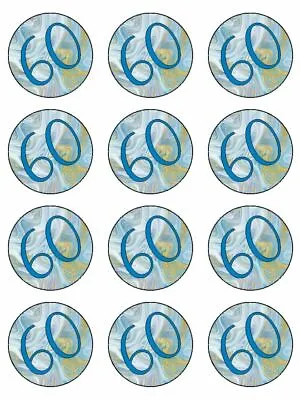 Age 60 60th Birthday Blue Gold Edible Cupcake Toppers Wafer Or Icing X 12 • £4.14
