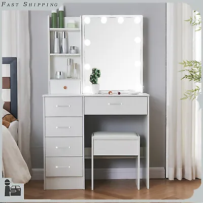 Dressing Table W/ LED Mirror Drawers Vanity Table Makeup Desk Stool Set White • £144.88