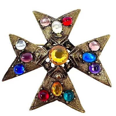 Vtg Gold Tone Multicolor Poured Glass Cabochon Maltese Cross Brooch Pin • $53.67