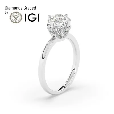 IGI 2 CT Round Cut Lab-Grown Diamond Hidden Halo Engagement Ring18K White Gold • £1436