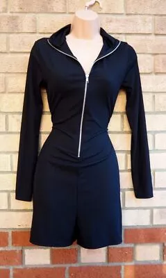 Prettylittlething Black Ribbed Zip Front Long Sleeve Fit Romper Playsuit 12 • £14.99