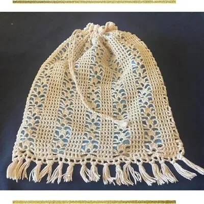 Vintage Bread Bag In Crochet Handmade Lace Cream Lined With Fringe 34cm X 26cm • $18