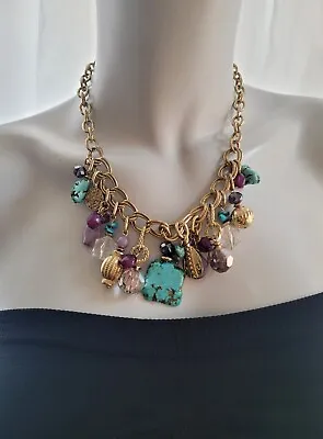 $15.79 • Buy Fab Colorful Beaded Gold Statement Necklace Turquoise Glass Bauble  Bead Charms