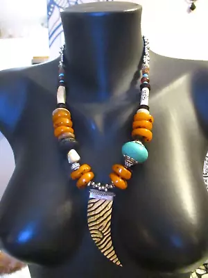 Moroccan Amber Necklace Buffalo Bone Magnesite Turquoise Coconut Shells Seed • $49.99