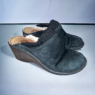 UGG 6 Black Suede Gael Wedge Clogs Sherpa Lined • $29