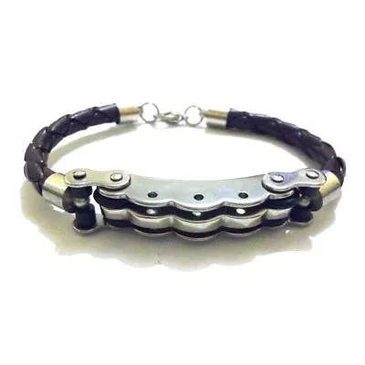 Stainless Steel Biker Bracelet Mens Leather Brown Jewelry Ghost Rider Accessory • $32.20