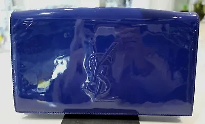 YSL Yves Saint Laurent Belle De Jour Royal Blue Patent Leather Large Clutch Bag • $599