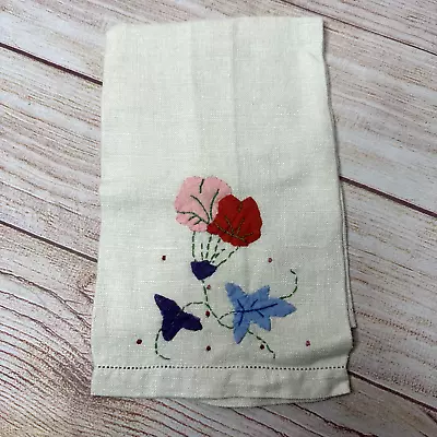 Vintage Floral Hand Appliqued Embroidered Linen Tea Guest Kitchen Finger Towel • $11.95