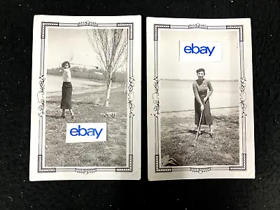 1937 Young Women Playing Golf B&w 3 1/4  X 5  Snapshot Photo Lot Of 2 • $19.99