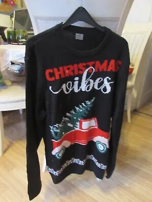 Mens Novelty Christmas Themed Christmas Vibes Black Jumper Size 2xl 42  Chest • £15